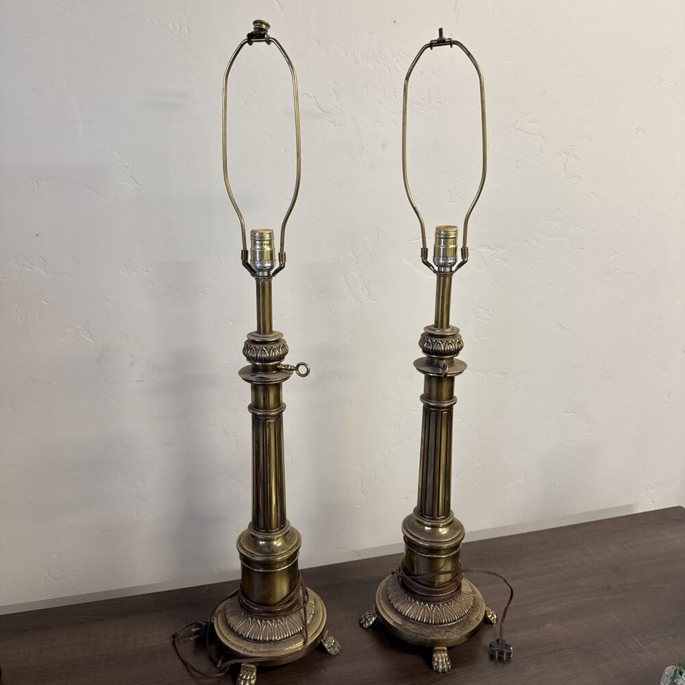 Vintage Pair Set STIFFEL Brass Table Lamps 36”‎ tall Pillar Clawfoot Ornate MCM